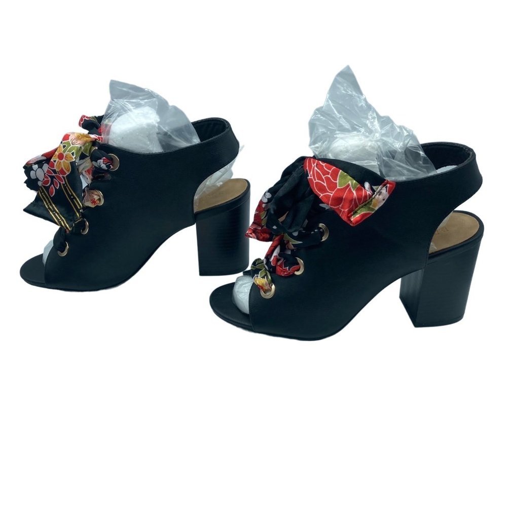 NEW NIB Bamboo Silky Floral Latin Bow Faux Leather Open Toe Crave Pump 3.5" Heel